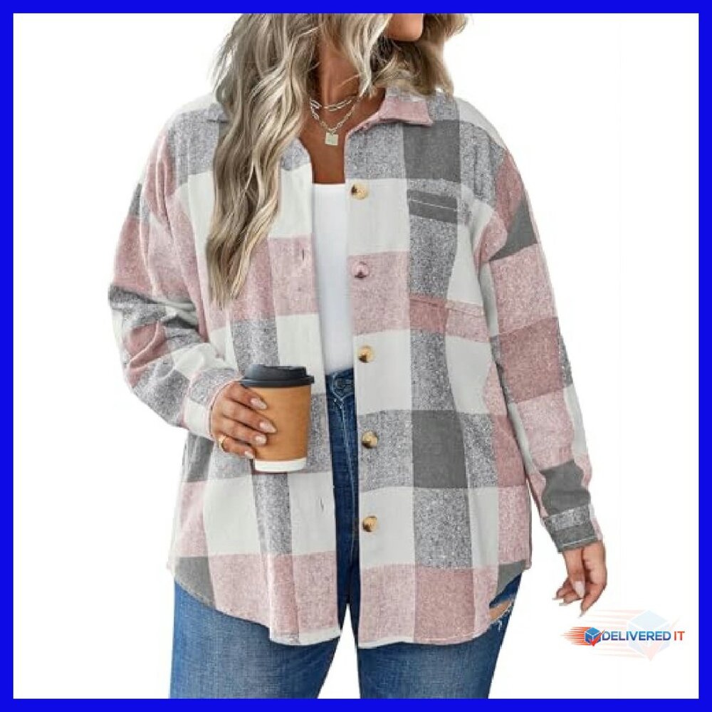 Plus Size Plaid Flannel Shacket Button Down Long … - image 2